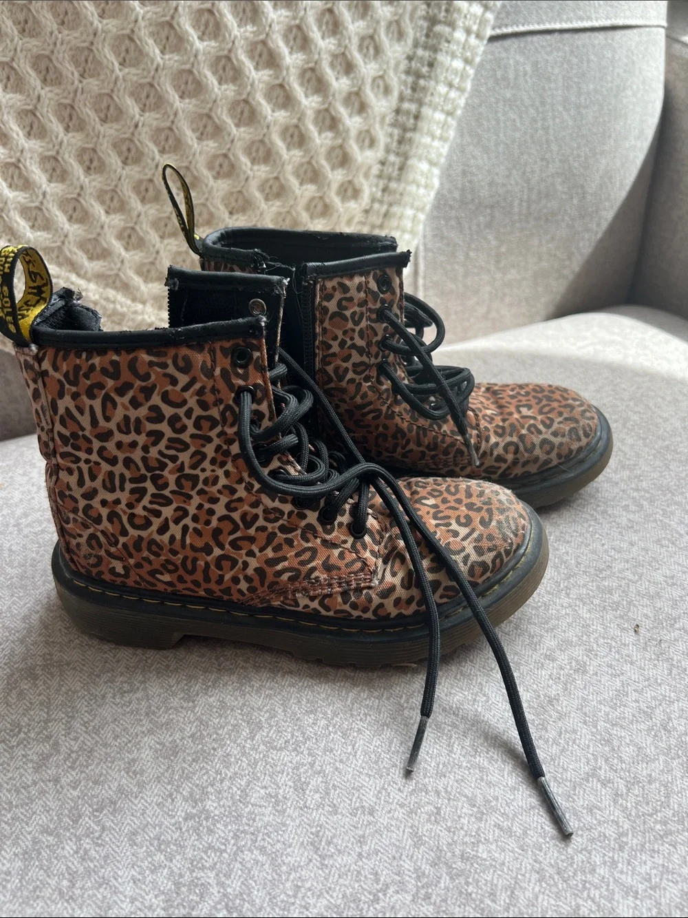 Dr. Martens Kids Leopard Combat Boots in Brown and Black